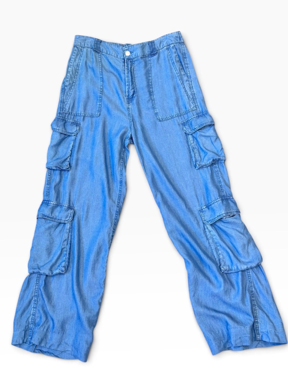 Love Tree Chambray Lightweight Cargo Pants Blue Wide Leg Elastic Waist Large L